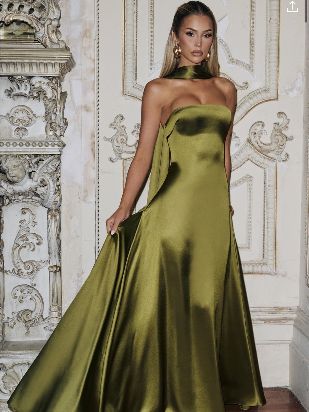 Strapless Olive Satin Evening Gown with Neck Sash